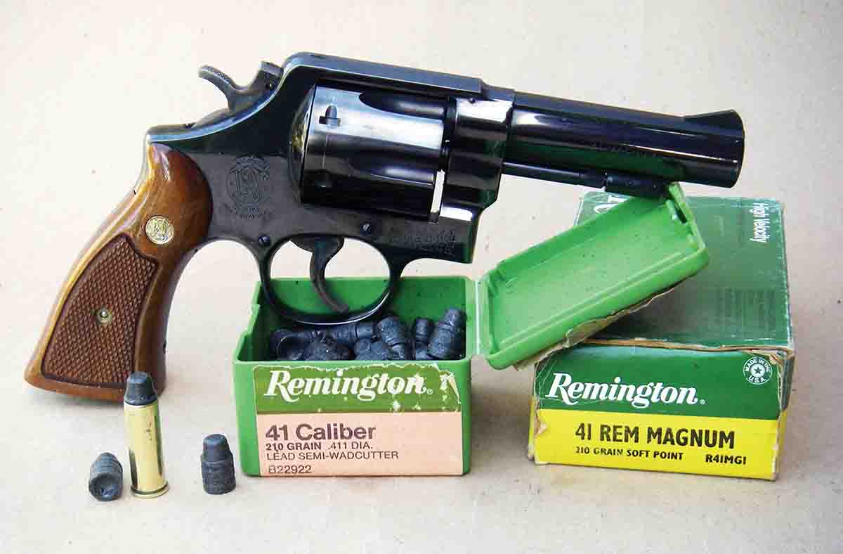 The .41 Magnum was originally conceived as a cartridge for law enforcement in the Smith & Wesson Model 58 revolver. Two loads were offered that advertised a 210-grain lead SWC hollowbase (left) at 1,050 fps, and a 210-grain jacketed bullet at 1,500 fps. However, actual velocities were around 950 fps and 1,350 fps.